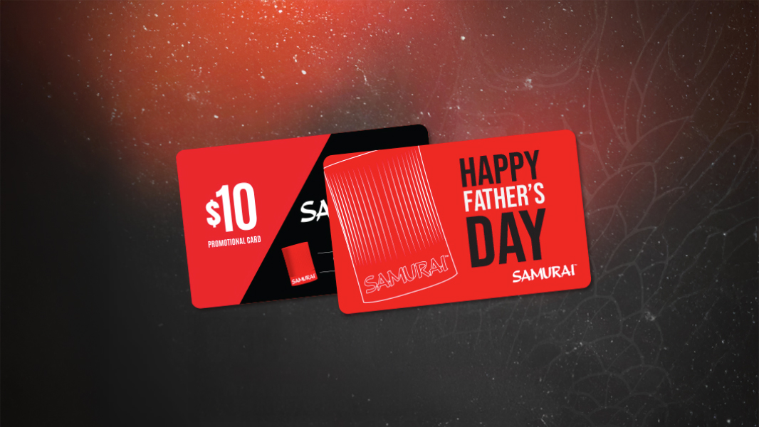 Two Samurai Restaurant gift cards with Father's Day messaging on a dark background
